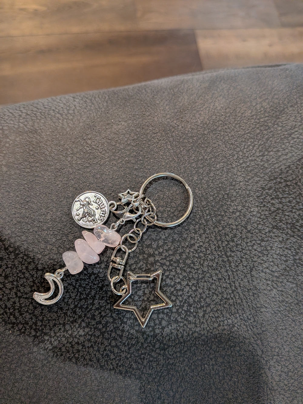 Taurus Silver Star & Moon Keychain with Pink Bead Accents